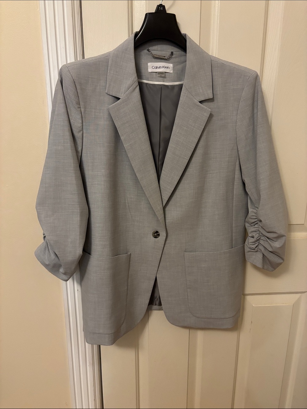 Calvin Klein Light Gray Ruched-Sleeve Tailored Blazer